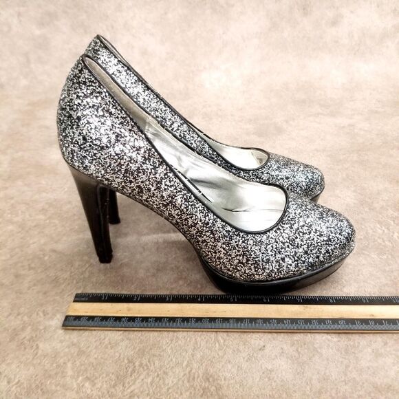 Rampage Womens Tangela Size 8.5 Black Silver Slip On Glittery Heels Platform Pu - Picture 4 of 12